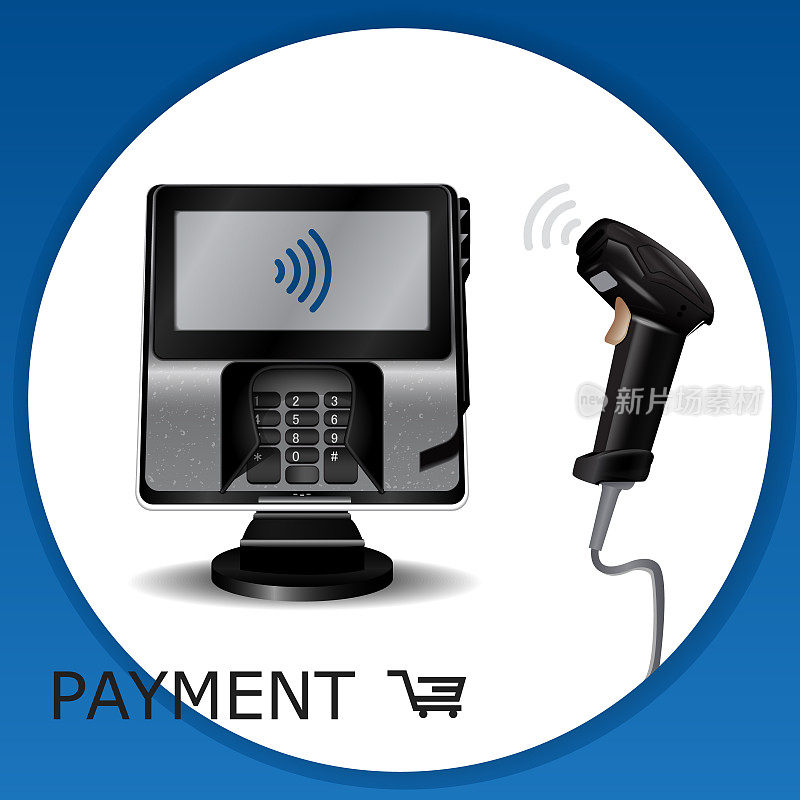 具有显示和pin pad的非接触式支付交易终端。无线支付。POS终端、MSR、EMV、NFC、激光条码扫描仪。向量。